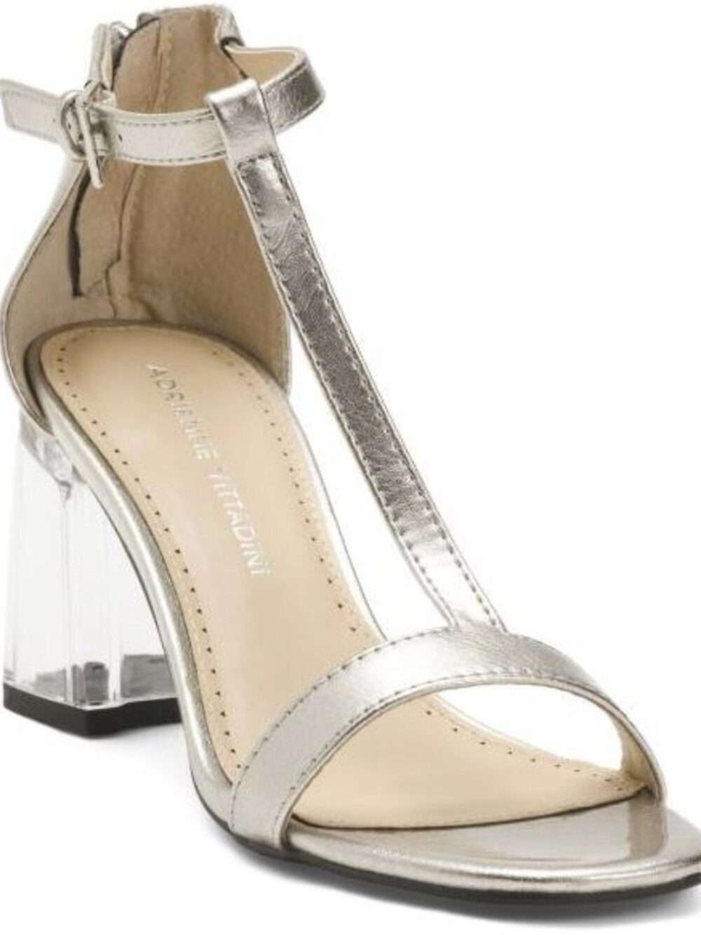 Adrienne Vittadini Aston metallic silver T-Strap lucite heel sandals